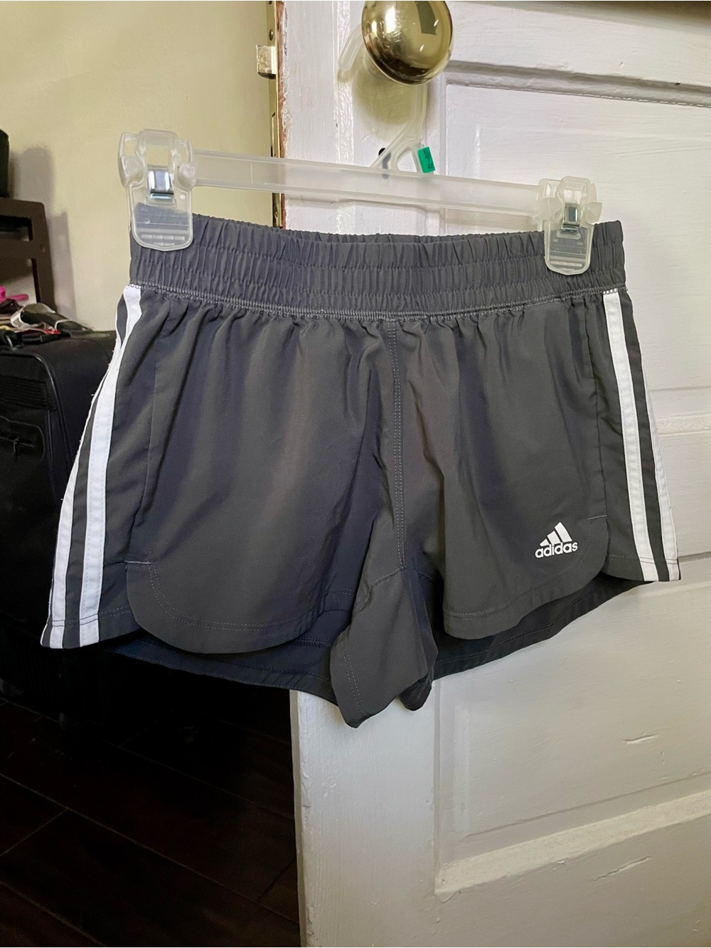 adidas Women's Gray Athletic Shorts with White Stripes